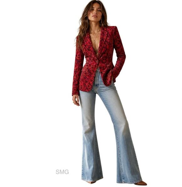 For Love And Lemons Jackets & Blazers - NWT - For Love & Lemons Red Floral-Paisley Velvet Penny Blazer